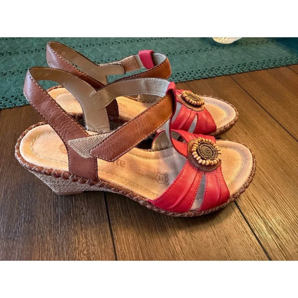 Remonte Red Tan Leather Beaded Wedge Sandals Womens 37 Slingback Boho US Sz 6.5